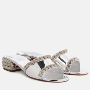 Christian Louboutin PYRAMULE 30 Metallic Silver Mules Slides Sandals Heels